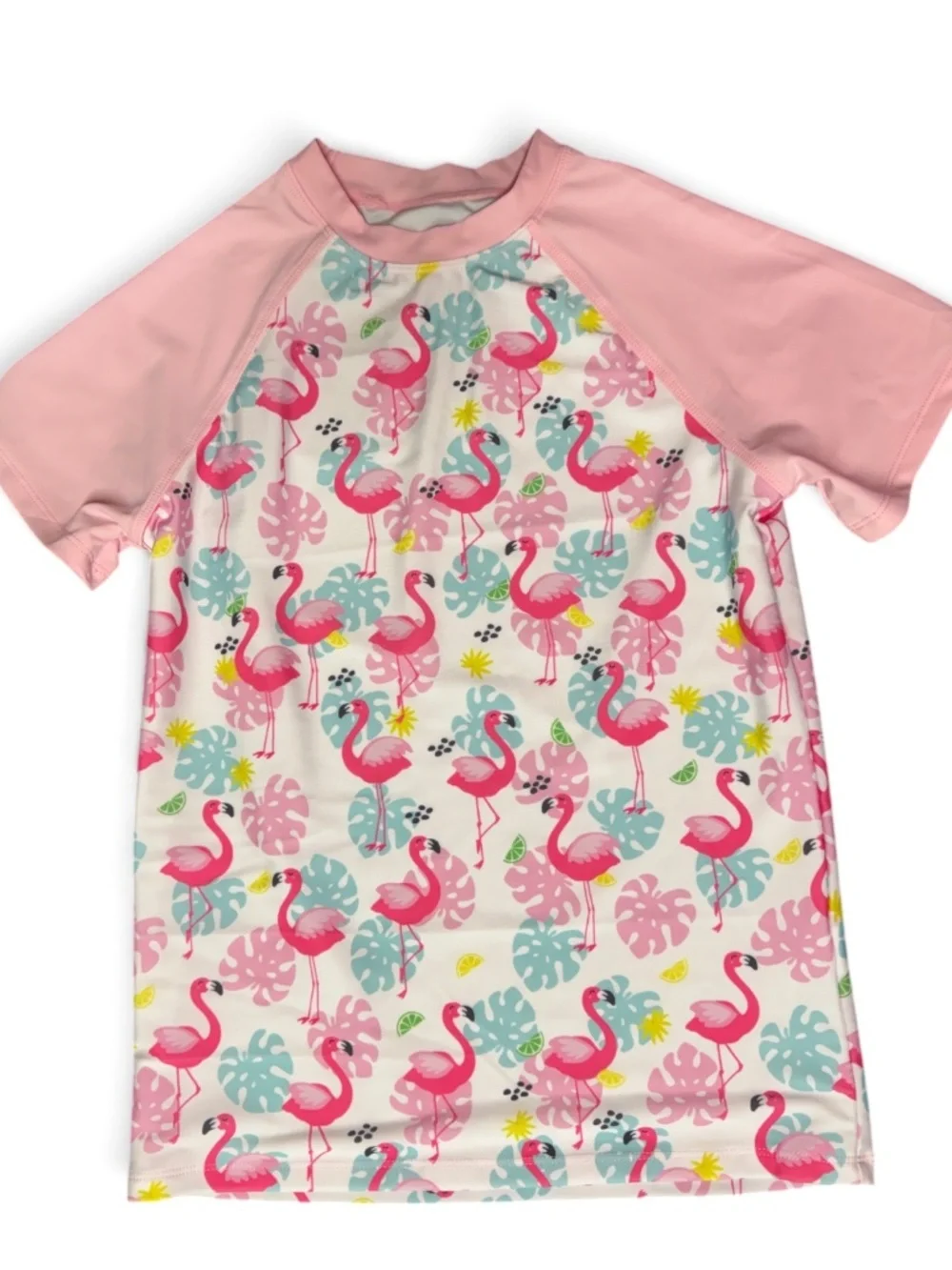 Girls Flamingo Rash Guard Swim Top Pink Tropical Short Sleeve US 12